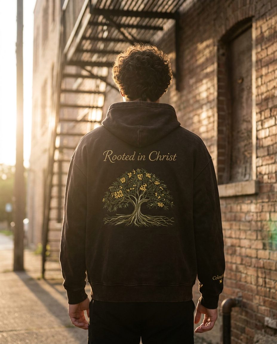 Young man wearing the dark brown Rooted in Christ hoodie, back view in a sunlit brick alleyway at golden hour, showing the embroidered tree of life and Rooted in Christ wordmark.
